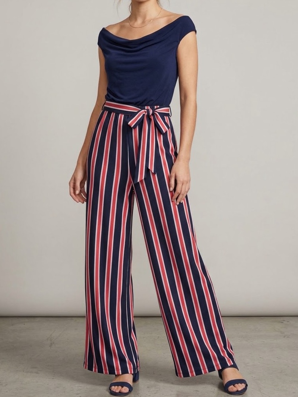 Emma & Michele Navy Jumpsuit with Pink and White Striped Wide-Leg Pants
